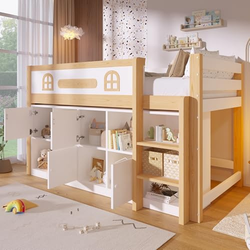 Arhatreya Halvhög säng 90 x 200 cm med krittavla, förvaringsfack och stege, barnsäng med förvaringsutrymme, modern hussäng i vit/natur, platsbesparande ungdomssäng utan madrass
