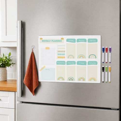 Tableau blanc magnétique Planificateur Hebdomadaire, Nettoyable & Réutilisable, pour Réfrigérateur, Plan Familial, Planning Nettoyage, Plan Menus, 6 Feutres & Chiffon Suspendu, 40,6 x 30,5 cm