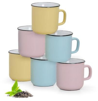 Moderne Tassen 6er Set Vintage Emaille Optik in gelb, blau, rosa - Schönes 450 ml Keramik Tassenset für Kaffee, Cappuccino oder Teetassen - Süße Kaffeetassen spülmaschinenfest und mikrowellengeeignet