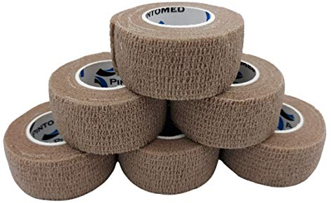 PintoMed - BENDAGGIO COESIVO - BEIGE - garza elastica, 6 rotoli x 2.5 cm x 4.5 m autoadesiva flessibile bende, qualità professionale, primo soccorso - Sports Wrap Cohesive Bandage - Confezione da 6