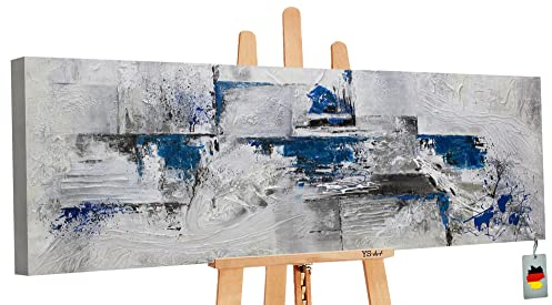 YS-Art Pittura acrilica su tela Dipinta a mano quadri d'arte astratta di colore grigio-blu moderno arredamento casa Immagini ufficio 150x50 cm