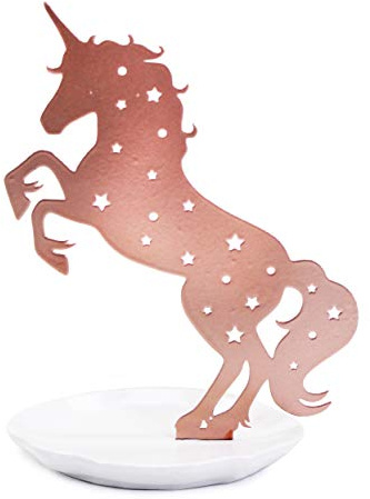 Bewaltz Einhorn-Schmuckständer, Schmuckturm, Ohrring-Halskette, Ring, Armband, Schmuck-Display mit Tablett, niedliches rotgoldenes modernes Einhorn-Design, Schmuckbaum mit weißem Sockel