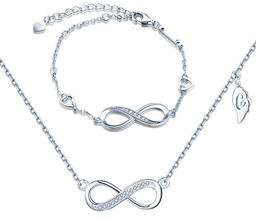 Yumilok Damen-Armkette Halskette Kette mit Unendlichkeit Infinity Symbol Anhänger Stern Zirkonia Armband Armbänder Armreifen Schmucksets 925 Sterling Silber für Geschenk Frauen Mädchen