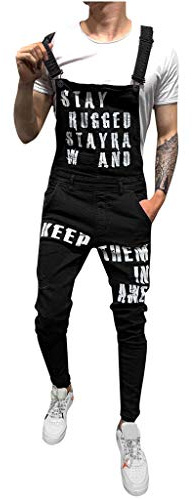 Susenstone Salopette Jeans Homme Slim Fit Sexy Mode Pas Cher Dechire Troue éLastique Vintage Lettre Imprimé Pantalon Jean à Poches Streetwear (S, Noir)
