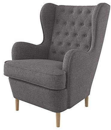Furninero - Ohrensessel, Flügelstuhl, Flügel Sessel, tiefer gepolsterter, Chesterfield-Stil, gerundete Beine, Naturel Stone Stoff (Fleckenresistent/Licht zu reinigende), Grau