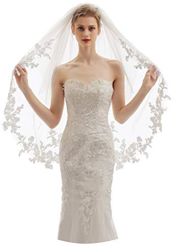 Elawbty Damen Brautschleier mit Kamm, 2 Ebenen, kurze Spitze, für Hochzeit, Brautschmuck, X07 - - 2 T (1st Krawatter 70/27inch,2nd Krawatter 95 cm/38)