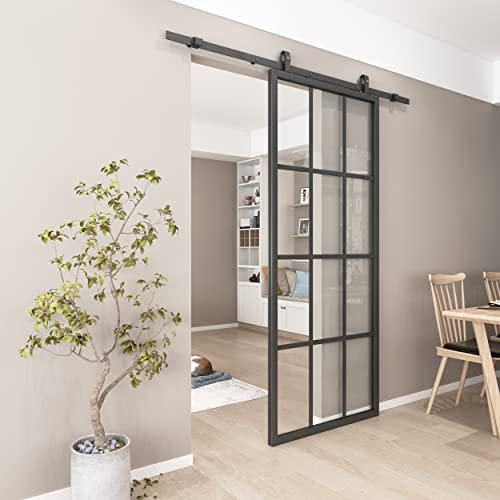 BARNSMITH 6.6FT/200cm Sliding Door Track Kit, Heavy Duty Black Steel Barn Rails, POM Ceiling Mount Roller Hanger for Aluminum Frame Glass Sliding