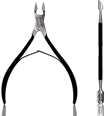 Jestilo Cuticle Remover Tool Set with Cuticle Cutter and Cuticle Pusher - Stainless Steel Professional Cuticle Nipper and Pusher Nail Care Tools for Salon and Level Mani-Pedi at Home (Black)