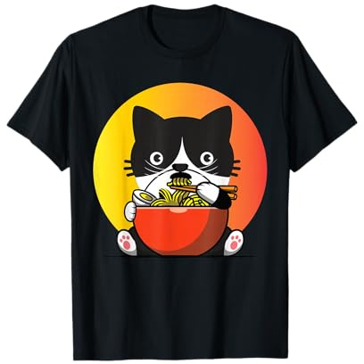 Funny Kawaii Tuxedo Cat Neko Eating Ramen Japanese Noodles T-Shirt