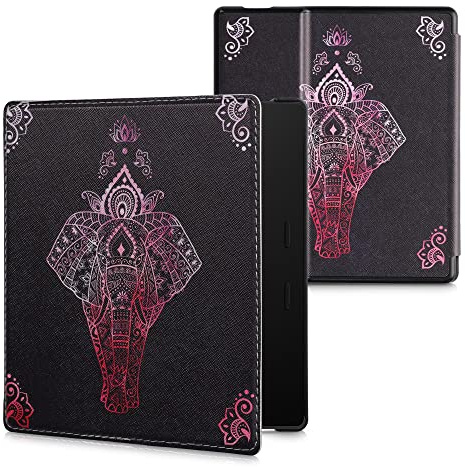 kwmobile Schutzhülle für Amazon Kindle Oasis 10. Generation Hülle - eReader Flip Case mit Handschlaufe und Auto Sleep Funktion - Elefant Zeichnung mit Pink Anthrazit