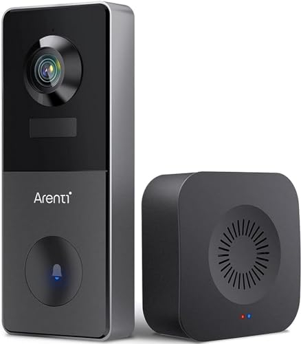 ARENTI VBELL1 2K Video Doorbell avec Carte SD, Sonnette extérieure sans Fil caméra et Batterie Rechargeable, IP65 résistant aux intempéries, détection de Mouvement, Fonctionne Alexa, Black