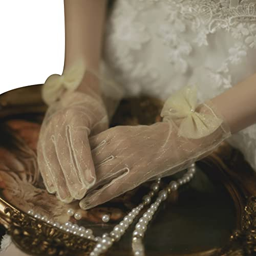 Asudaro Hochzeit Brauthandschuhe, 1Paar Vintage Damen Lang Handschuhe Tüll Handschuhe Frauen Hochzeit Spitzenhandschuhe Hochzeit Oper Abschlussball Abend Kostüm Party Fäustlinge Armstulpen,Weiß Kurz