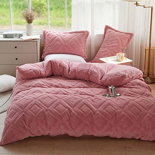 KEAYOO Biancheria da letto in peluche, 135 x 200 cm, con morbido pile Teddy, extra calda, per l'inverno, federa 80 x 80 cm (rosa, 135 x 200)