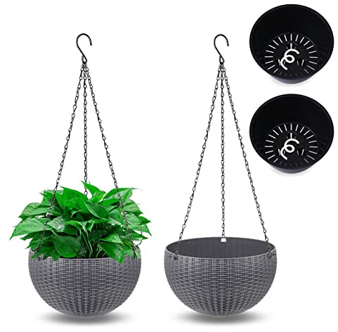 MissFox 2 Stück Blumentopf Hängend, Selbstbewässerung Blumenampel für Außen & Innen, Ø 26cm Hängende Blumentöpfe mit Rostfrei Ketten, Hängeblumentöpfe Plastik, Hängetopf für Pflanzen mit Ablaufloch
