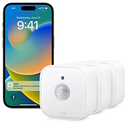 Eve Motion (Matter) Smart rörelsesensor i set med 3 delar med ljussensor, IPX3-vattenbeständighet, automatisk aktivering av apparater, Matter via Thread samt fungerar med Apple Home, Alexa, Google