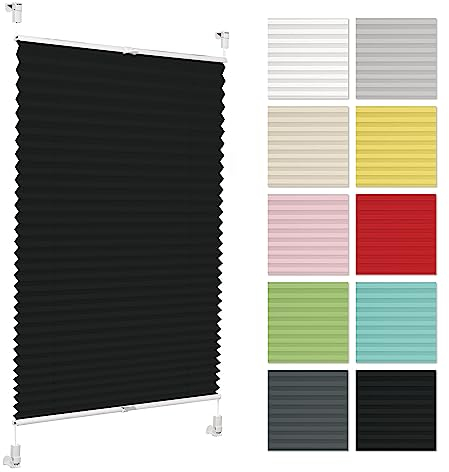 Plissee ohne Bohren 90 cm x 200 cm - Schwarz - Plissee klemmfix, Rollos für Fenster ohne Bohren, Jalousien Fenster für innen, Raffrollo, Fenster plissee