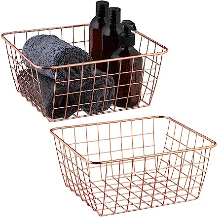 Relaxdays Drahtkorb 2er Set, eckig, Aufbewahrungskorb Metall, HBT 12x27,5x22,5 cm, Korb Küche, Bad, Gitterkorb, roségold