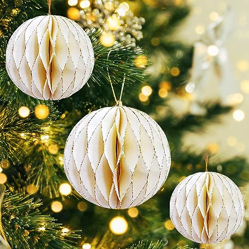 3 Bolas de decoración para árbol de Navidad, Adorno Colgante de Papel de Panal 3D, Adorno Colgante de Navidad, Fiesta, árbol de Vacaciones, hogar, Centro Comercial, decoración de Hotel, Blanco Marfil