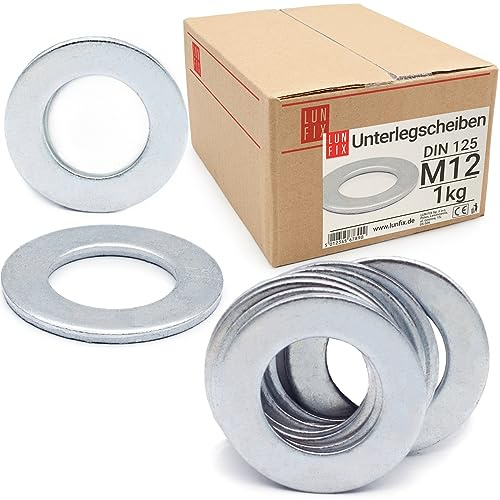 Lun Fix Unterlegscheiben M12 DIN 125 1Kg (ca.170 Stk.) | für Schrauben Flach Beilagscheiben für Gewindebolzen & Gewindestangen Flat Washers dünnen Scheiben