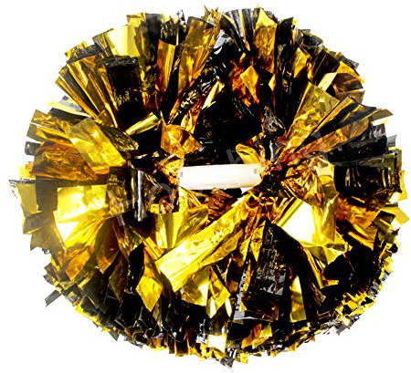 Hooshing Pompons, Cheerleading-Pompons mit Stabgriff, metallisch, für Teamgeist, Sport, Tanzen, Jubeln, Kinder, Erwachsene, schwarz und gold, 6 Stück