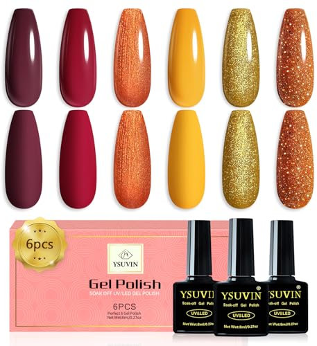 Yueshop Autumn Gel Nail Polish, 6 PCS Giltter Burnt Orange Yellow Gold Burgundy Red Brown Gel Nail Polish Set, Soak-Off UV Gel Nails Art Manicure For Halloween DIY