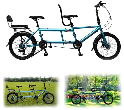 Hopfällbar Tandem Beach Cruiser-cykel, Tandem-cykel för cykling, City Tandem hopfällbar cykel för vuxna, 20 hjul, 7-växlad justerbar, Storlek 210x35x110cm/110x35x62cm, Maximal belastning 200 kg blue