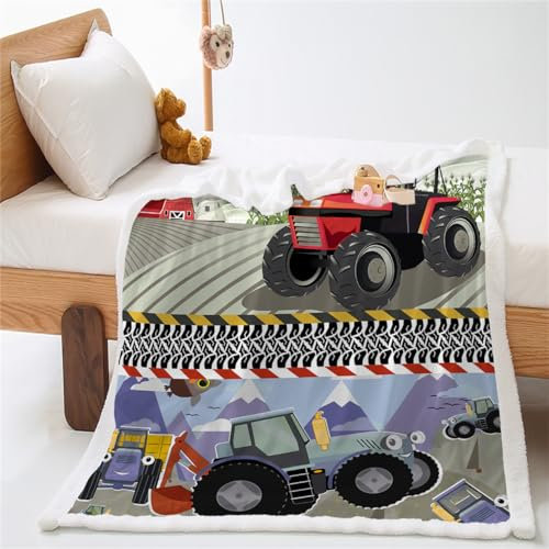 PEIHUODAN Kinderdecke Cartoon Traktor Stadt Straße Auto LKW Druck, Sherpa Decke Jungen Bettwäsche Plüsch Flauschige Flanell Decke Steppdecke, Decke für Bett, Sofa (Farbe 6,140x180 cm)