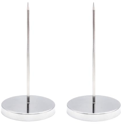 JZK 2 x silberfarbene Metall-Notizspieße, einzelne Quittungsspieße, Metall-Rechnungshalter, gerade Stange, Memohalter, Quittungshalter, Spike-Stab mit runder Basis für Büro, Restaurant, Küche, Hotel