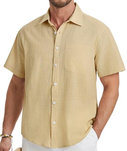 HISDERN Chemise en Lin Homme Manche Courte Beige Casual Business Été Leger Plage Chemise pour Hommes Classique Business Boutons Regular Fit M