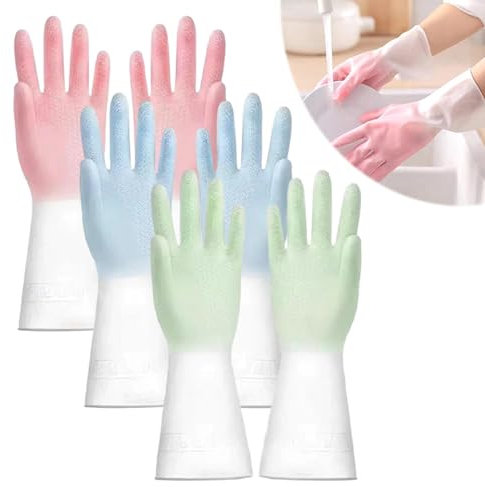 Lam-lord 3 pairs Household Cleaning Gloves, 3 Colors PVC Gloves Reusable Washing Up Gloves Waterproof Bathroom and Kitchen Gloves for Washing Dishes Laundry Gardening(size:L)