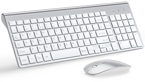Wireless Keyboard and Mouse Ultra Slim Combo, TopMate 2.4G Silent Compact USB 2400DPI Mouse and Scissor Switch Keyboard Set with Cover, Batteries Included, for PC/Laptop/Windows/Mac - -Silver White