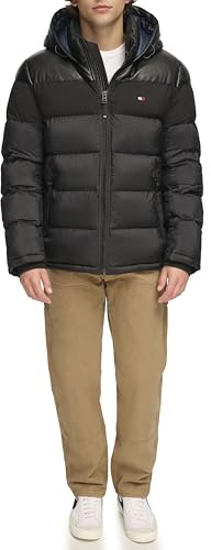 Tommy Hilfiger Men's Hooded Puffer Jacket, Black/Faux Leather, S