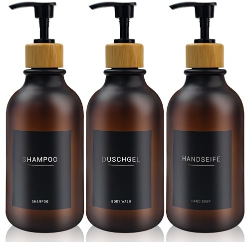 3 Stück 500ml Seifenspender mit 22 Schwarzen Etiketten Lotionspender aus PET-Kunststoff Leere Flasche Geeignet für Bäder（Bernstein）