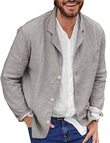 Chaqueta de lino y algodón para hombre, holgada, ligera, con botones, casual, para verano, al aire libre, con solapa, para deportes al aire libre, A# Gris, X-Large
