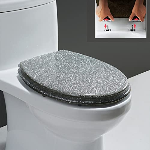 DRYFAL WC-Sitz Mit Absenkautomatik, Abnehmbarer Toilettensitzaus Kunstharz, Glitzer WC-Brille Mit Absenkautomatik, WC-Deckel Mit Soft-Close, Klobrille O-Form. 36 * 42Cm,Silber
