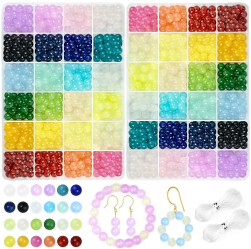 LEUCHTAMOR 1200 PCS Round Glass Beads for Jewelry Making,24 Colors 8mm Crystal Beads for Bracelet Making Kit,2 Boxes Round Glass Bead Bracelet for Women