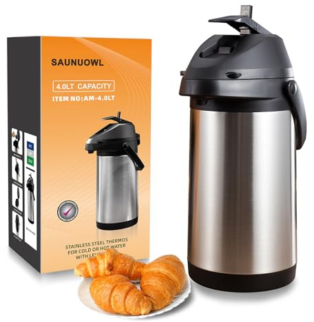 SAUNUOWL Airpot - Dispensador de café con bomba, dispensador térmico de bebidas calientes, jarra de café térmica de 4 L (3,827.2 g) de acero inoxidable aislado grande dispensador de bebidas con acción