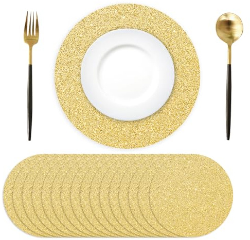 50PCS Gold Paper Placemats Disposable 13.4 Inch Shiny Golden Place Mats Round Decorative Glitter Table Mats for Birthday Wedding Holiday Party Supplies Sparkle Dining Tableware