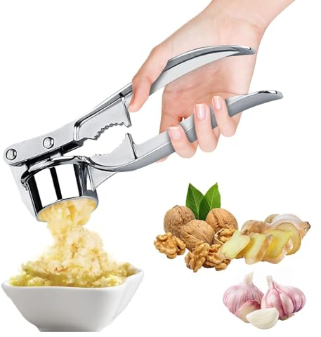 KASESSS 4 in 1 Schiaccia Aglio Acciaio Inox, Multifunzione Spremiaglio, 4 in 1 Spremi Aglio Include Schiaccianoci,Cavatappi,Squamatore Pesce, Pratici Trita Aglio Manuale, Pressa Aglio Facile da Usare