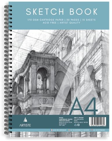 Portrait A4 Sketch Pad 170gsm White Cartridge Paper 30 Pages (15 Sheets) - Wiro Bound Acid-Free Artist Quality - Ideal for Sketching Drawing and Painting