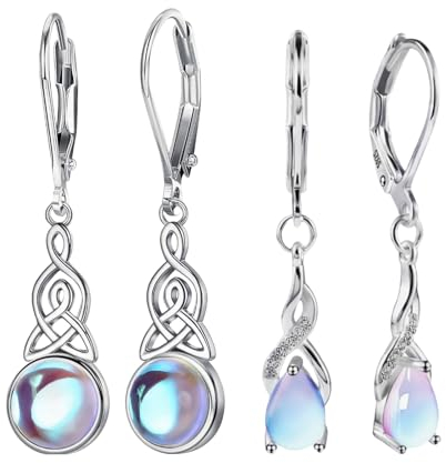 GUTERTOP 2 Paar Ohrringe Silber 925 Hängend, Modische Mondstein Ohrhänger Silber 925 mit Anhänger, Damenohrringe