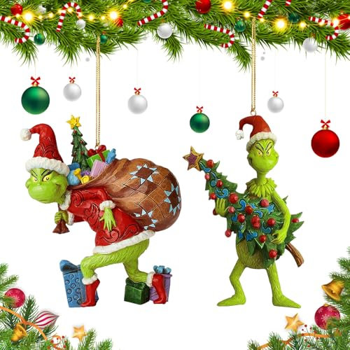 ZPQAODI Grinch - Adornos para árbol de Navidad (2 Unidades), diseño de Elfos de Resina Verde, para el hogar, Fiestas o Fiestas