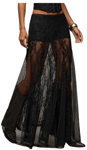 MakeMeChic Women's Lace Sheer Maxi Skirts Floral Polka Dots Ruffle Concert Boho Goth Long Skirts Black Medium
