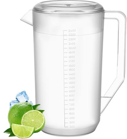 saerryor 1 Pack Plastic Jugs with Lid, 2.4 Litre Clear Water Pitcher with Scale and Handle, Unbreakable Beverage Pitchers Fridge Jugs for Milk Juice Iced Tea Lemonade