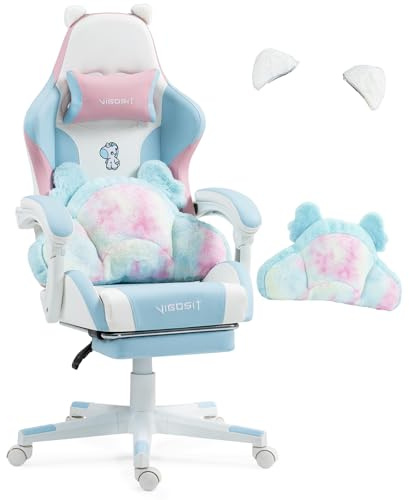 Gaming Stuhl Niedlich mit Ohren und Kawaii Kissen, Ergonomische Computer-Spiel-Stuhl für Mädchen mit Lendenwirbelstütze und Fußstütze, bequeme zurücklehnen PC Gamer Stuhl für Teenager (BluePink)