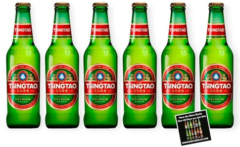 Tsingtao Bier – 6 x 330 ml Flasche | Chinesisches Lagerbier mit 4,7 % Vol | Erfrischend & Leicht | inkl. Haus der Biere Berlin Bierdeckel