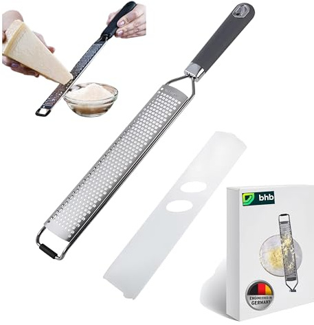 bhb Premium Zester Reibe – Parmesanreibe, Muskatnussreibe, Knoblauchreibe, Ingwerreibe, Zitronenreibe – Rasiermesserscharfe Edelstahlklingen – Spülmaschinenfest – BPA-frei – mit Schutzabdeckung