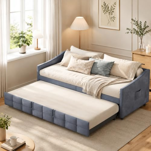 Multifunktionales Schlafsofa, ausziehbar 90/180 x 200 cm, Ausziehbar 2-Sitzer-Sofa mit Schlaffunktion & Lattenrost, samtbezogen, ideal für Wohnzimmer und Gästezimmer, ohne Matratze(Typ C+ Grau)