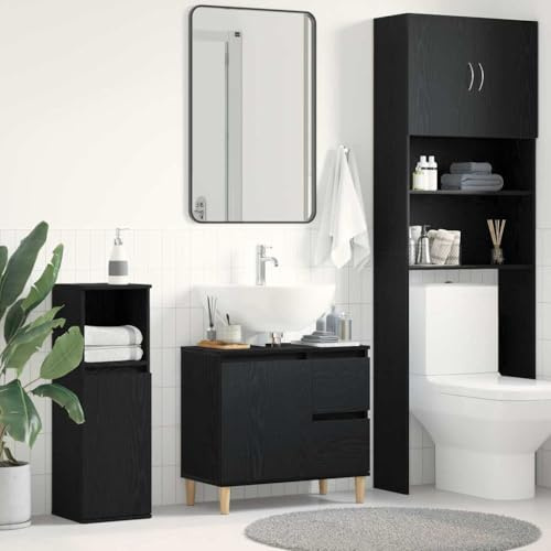 ULUYYUC Mobile lavabo nero rovere 65 x 33 x 60 cm legno massello opaco con 2 ante e 4 scomparti, design moderno, costruzione robusta per bagno e ospiti WC