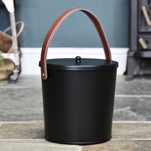Modern Black with Leather Handle Ash Bucket – Heavy Duty Coal Scuttle & Log Bucket – Rustic Metal Fireplace Storage Container for Wood, Kindling & Ash – Fireside Accessory